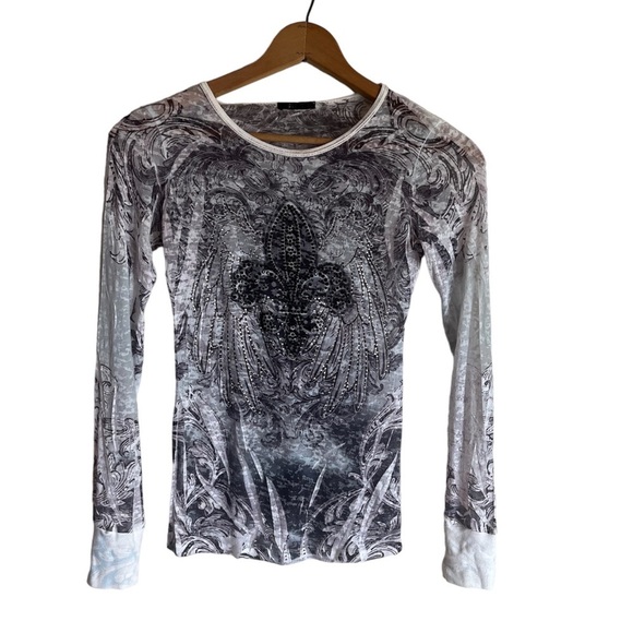 PARTY Sheer Women’s Fleur De Lis Rhinestone Burnout Long Sleeve Top Goth Concert - Picture 4 of 17